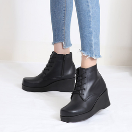 [GIRLS GOOB] Women's Comfortable  Lace Up Wedge Platform Boots, Synthetic Leather - Made in KOREA